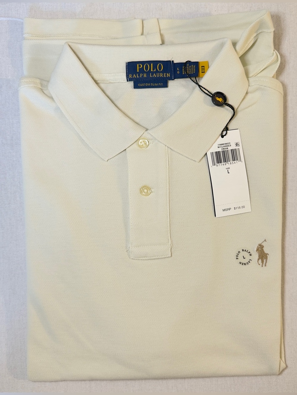 Men’s Polo by Ralph Lauren Cream Short-Sleeve Custom Slim Fit Polo Size L - Picture 8 of 15